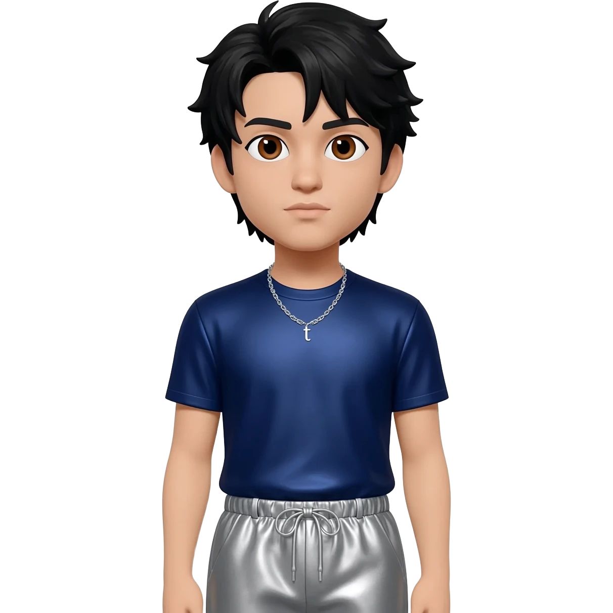 Drake with brown eyes, black hair, navy blue metallic t-shirt, gray metallic baggy pants, silver necklace emoji