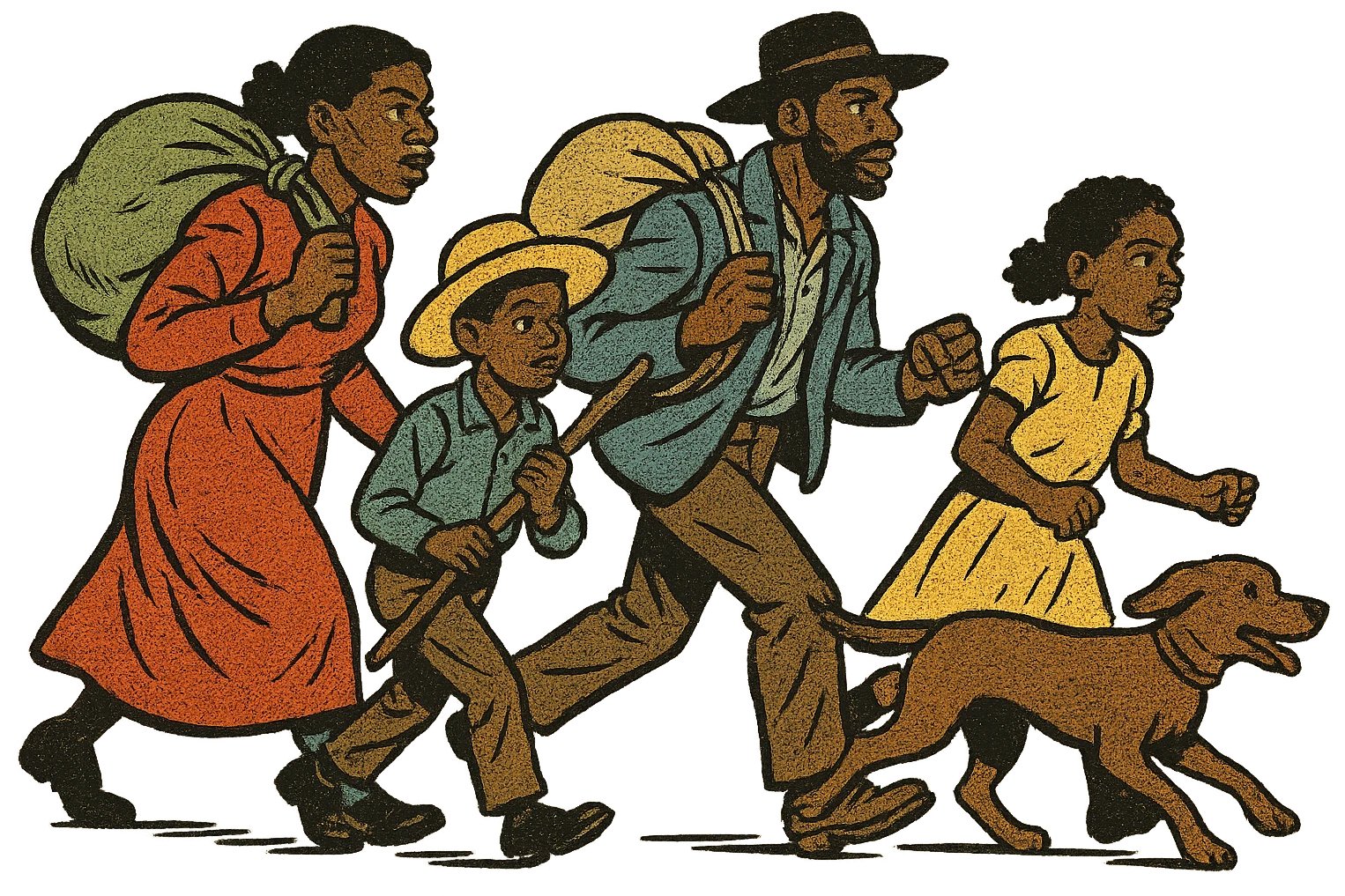 The full bodies of a black American family of mother, father, two children and their dog taking part in the Exoduster movement in 1879.  emoji