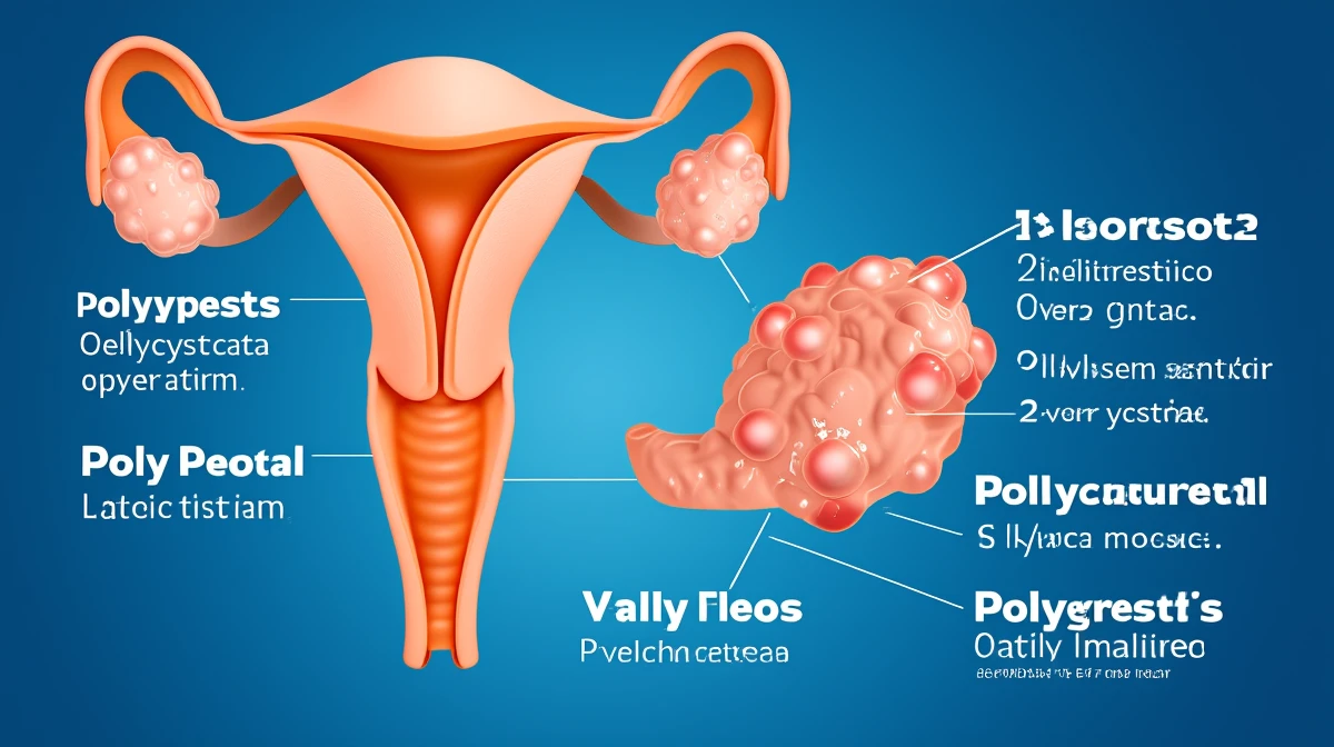 Medical style 3D illustration of PCOS (Polycystic Ovary Syndrome) with highlighted polycystic ovaries, including captions in Italian, aspect ratio 2:3. Focus on clear medical visualization and educational labeling in Italian. emoji