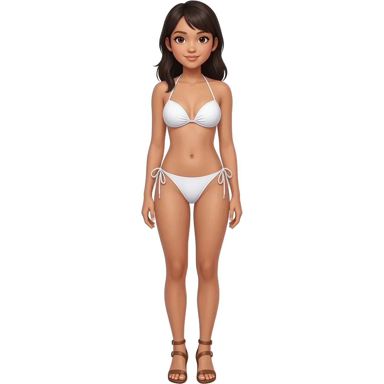Filipino girl white push up bikini string full body slim stand straight with high heels sandals brown emoji