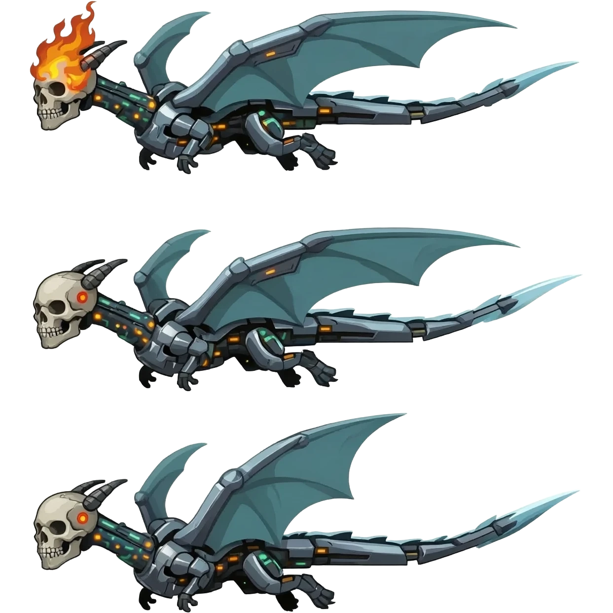 A sprite sheet of a cybernetic dragon with a burning skull head, show all 3 stages of him flying with no back ground, show the 3 stages of him flying in a row, with changing wing positions for each stage of flying, all 3 must be pointing right emoji