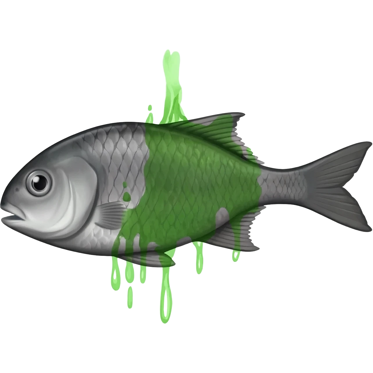 grey and white fish with green smelly lines rising from it, because it's rotting emoji