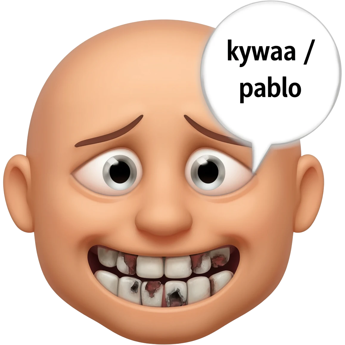 Crying laughing face with rotten teeth with a text bubble beside it saying kywaa / pablo and it is super realistic emoji