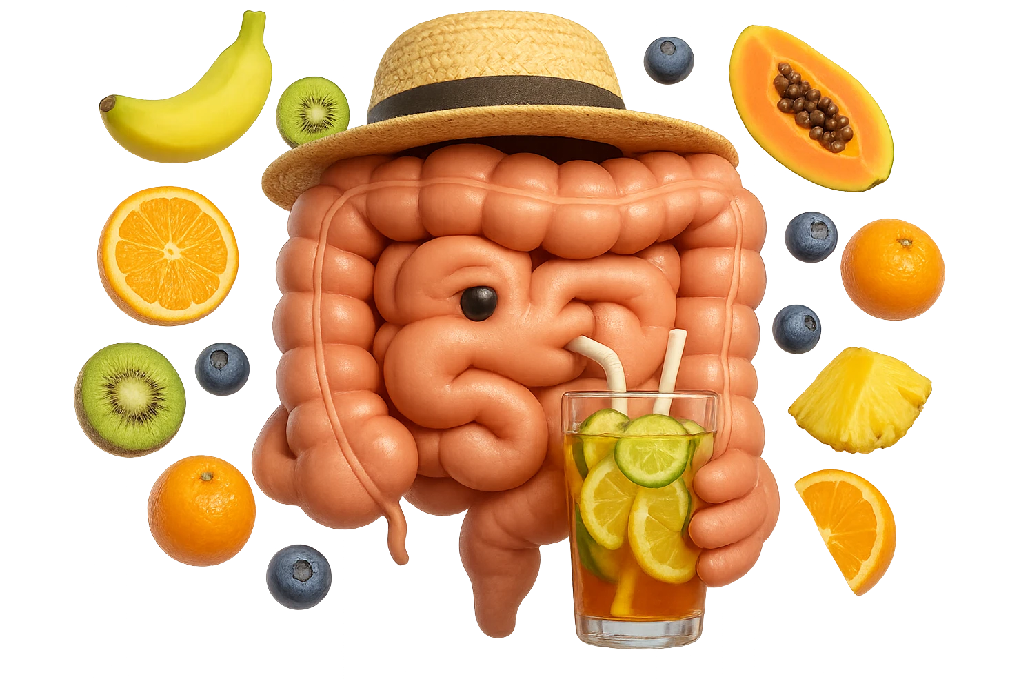 EMOJI STILE IPHONE DI INTESTINO UMANO REALISTICO CON CAPPELLO DI PAGLIA DA SPIAGGIA CHE BEVE UN Tè FREDDO IN BICCHIERE DI VETRO CON DENTRO  fette di cetriolo, limone, lime, DIETRO L'INTESTINO FLUTTUANO PEZZETTI DI Kiwi
Banana acerba
Arance e mandarini
Mirtilli
Ananas
Papaya
IPERREALISTICO 4K emoji