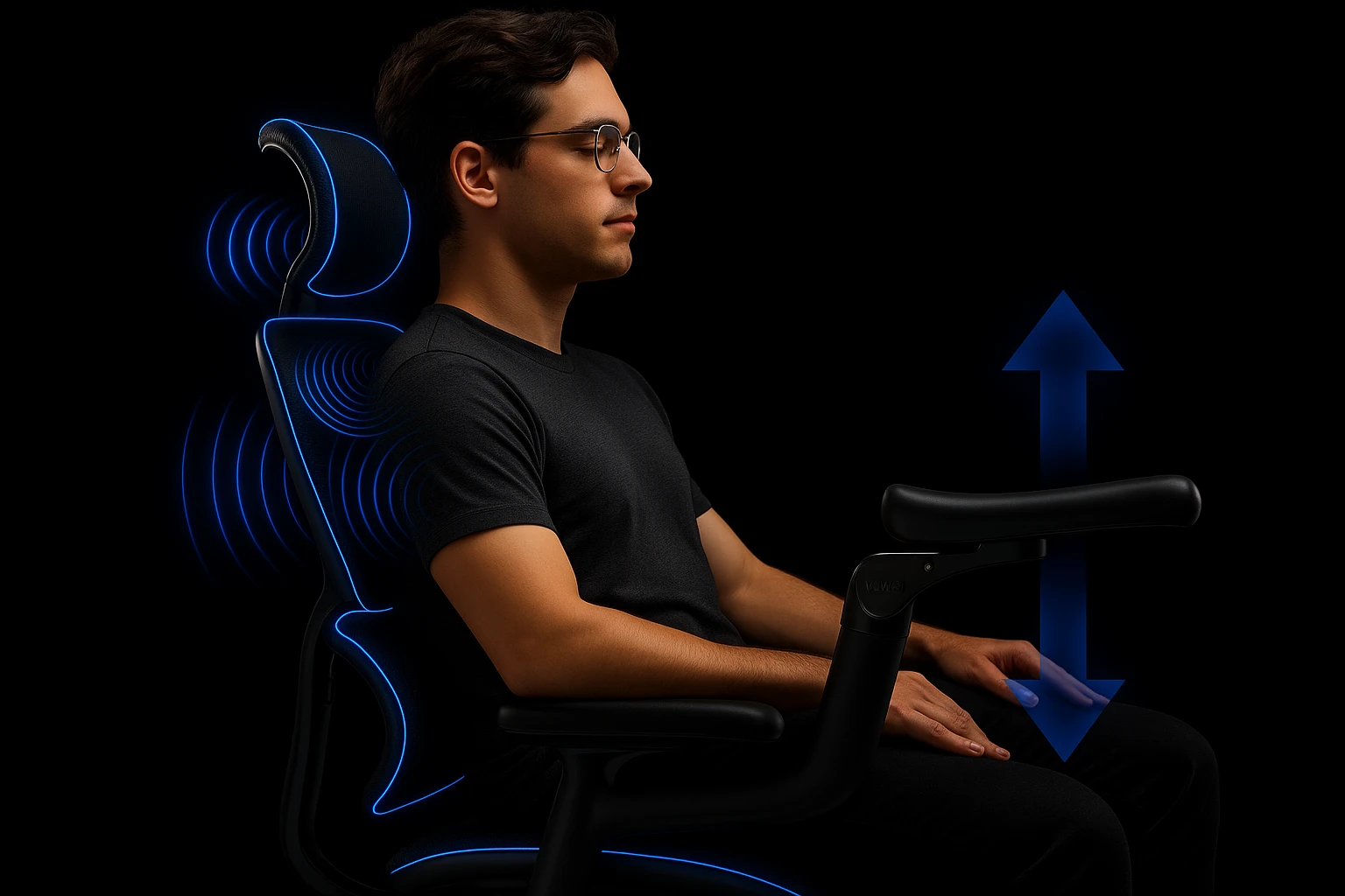 Youtube thumbnail of person using ergonomic chair, black solid background, neon light, closeup showing details of ergonomic chair  emoji