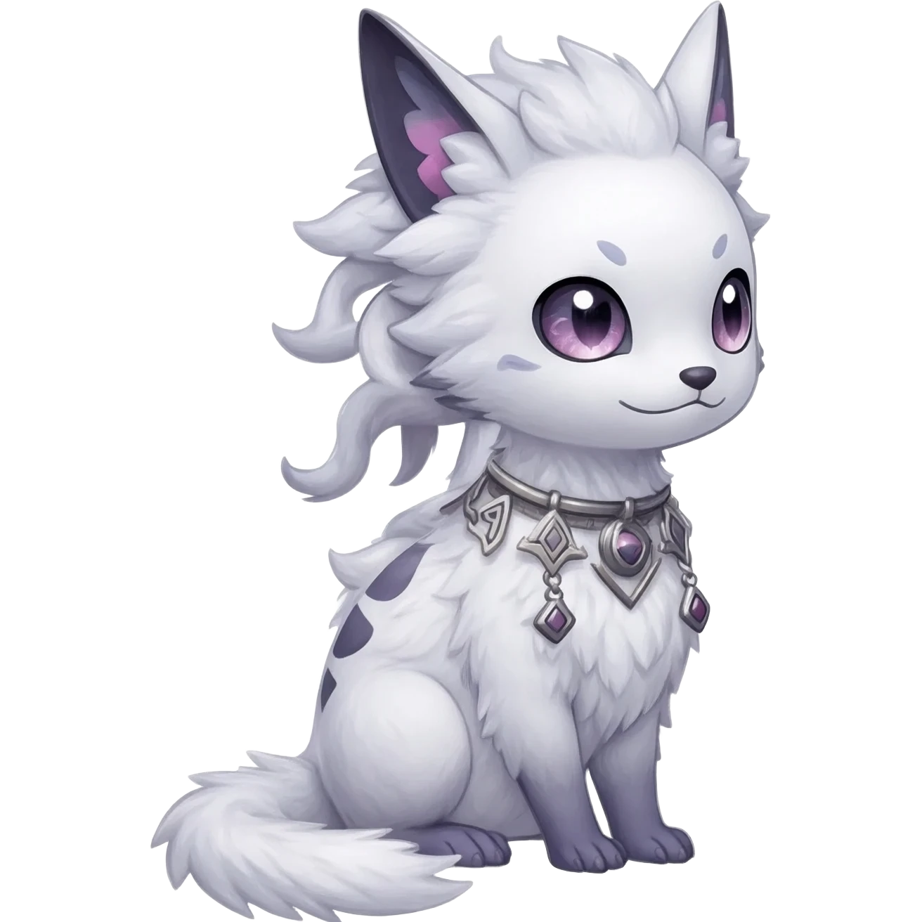 Rare white exotic cute epic aesthetic gothic colorful Salandit-Litten-Furfrou-Sylveon-Civet-species-Fakemon-hybrid-creature, with a collar, and with intricate tribal markings, full body emoji
