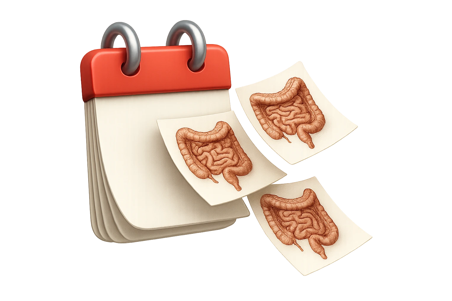 emoji stile iphone di un calendario con fogli che volano insieme, sui fogli ci sono disegnati degli intestini anatomici, iperrealistico 4k, isolato su sfondo bianco emoji