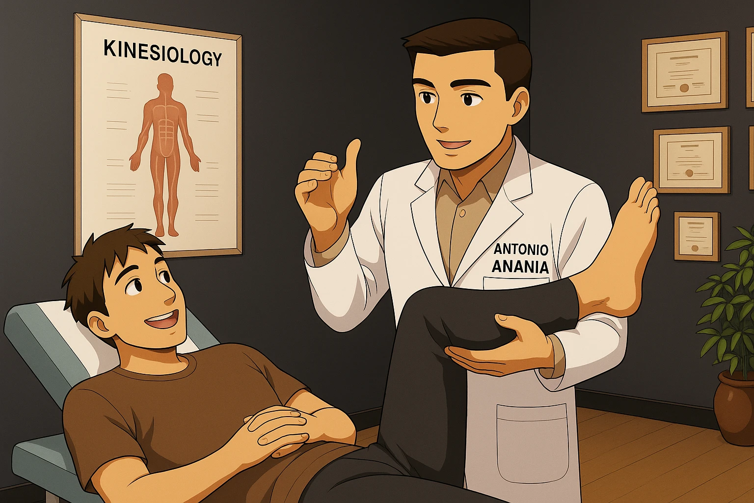 su questo lettino rappresenta un webtoon manga a colori con questo stile, in cui un uomo è steso sul lettino medico e il kinesiologo con il camice bianco (fagli anche la scritta "ANTONIO ANANIA" SUL CAMICE, gli solleva una gamba per fargli il test neuromuscolare, IL KINESIOLOGO SPIEGA ALL'UOMO UNA cosa mentre gli alza la gamba. l'espressione dell'uomo è felice e soddisfatta, non fare i fumetti però, fai solo in modo che sembri stiano parlando emoji