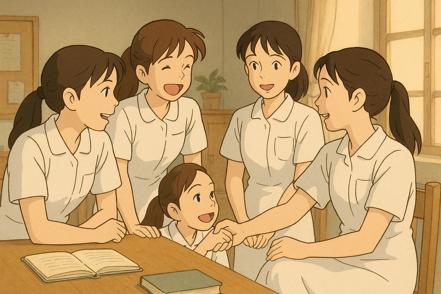 Indoor Ghibli scene with four nursing students interacting, white short-sleeve uniforms with V-neck and left chest pocket, bare forearms, long hair tied back, no stethoscopes or collar stand, inspired by reference photos emoji