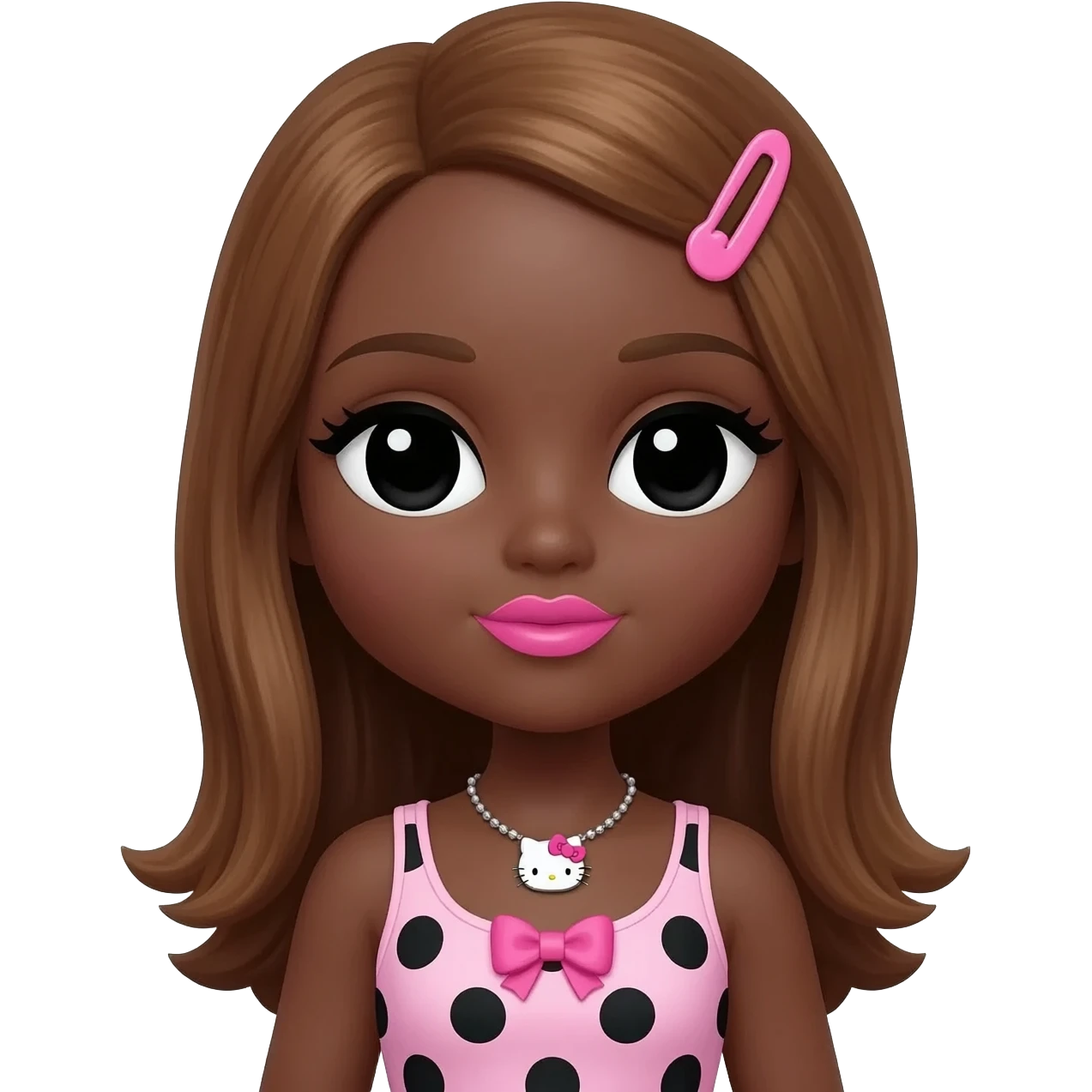 my melody hairclip, Doll faced shaped, hello kitty necklace, bimbo, black doll eyes, Big lips barbie, long dark brown skin with honey brown hair, bimbocore outfit light pink and black polkadots tank top with designed pink bow on it emoji
