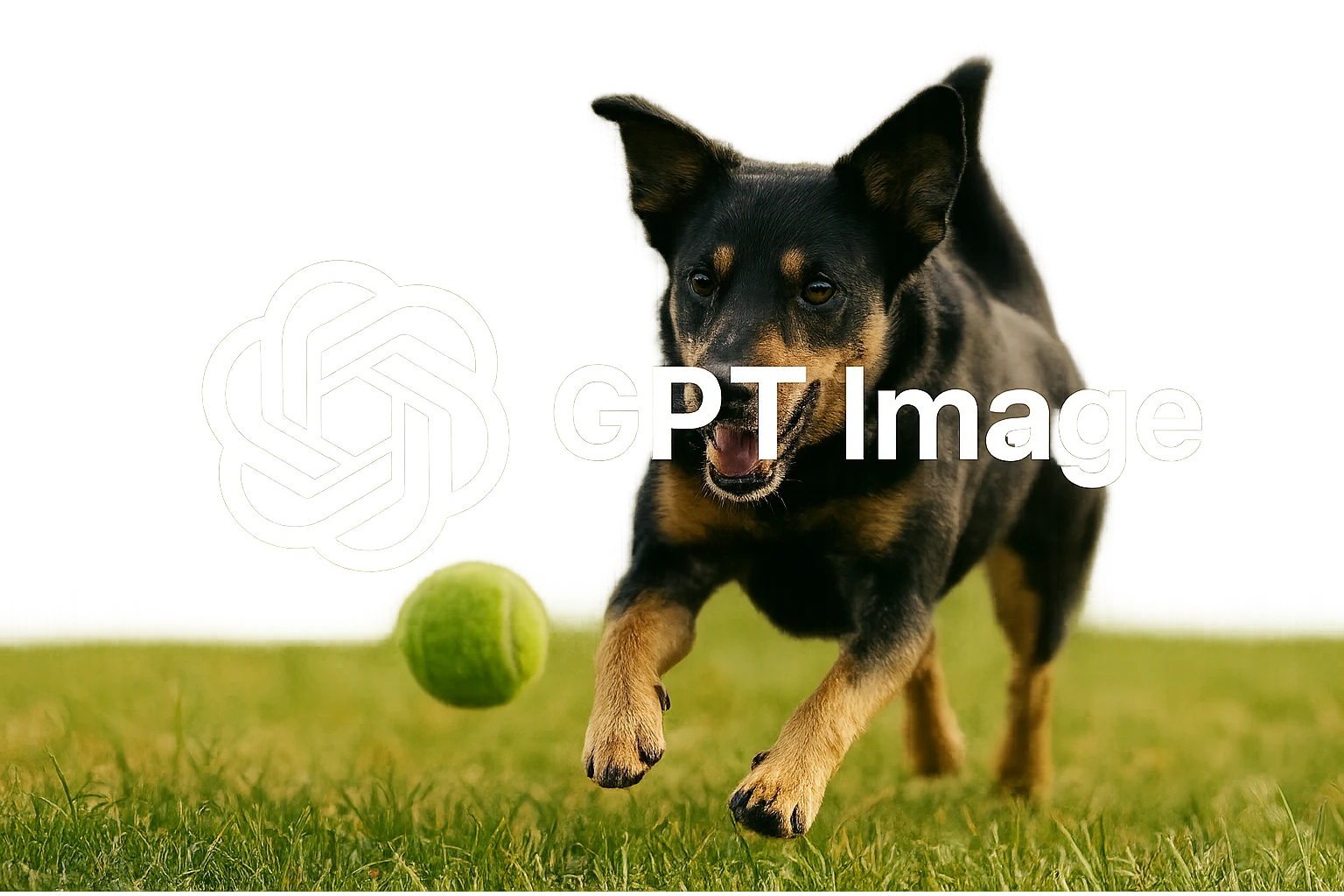 logo of chat gpt with text "GPT Image" on the background of a dog chasing ball, realistic image emoji