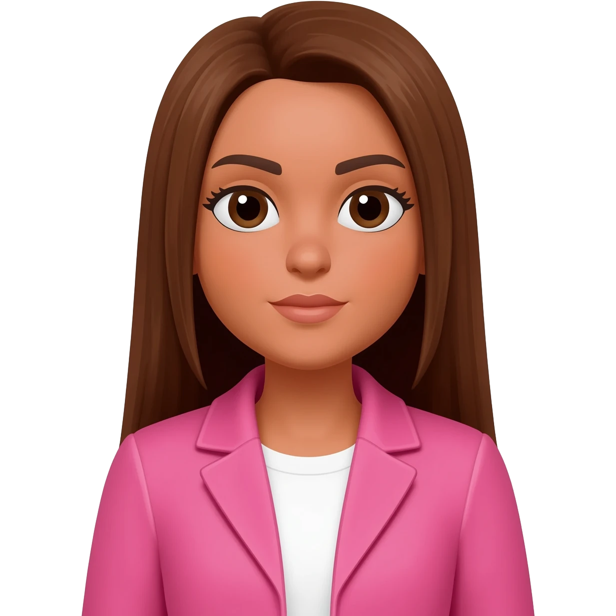 Create a woman with long straight brown hair, light brown skin, pink jacket and white shirt emoji