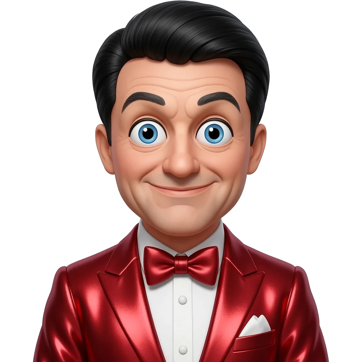 Moe Howard from The Three Stooges with blue eyes, black bowl cut hair, red metallic suit with bow tie emoji