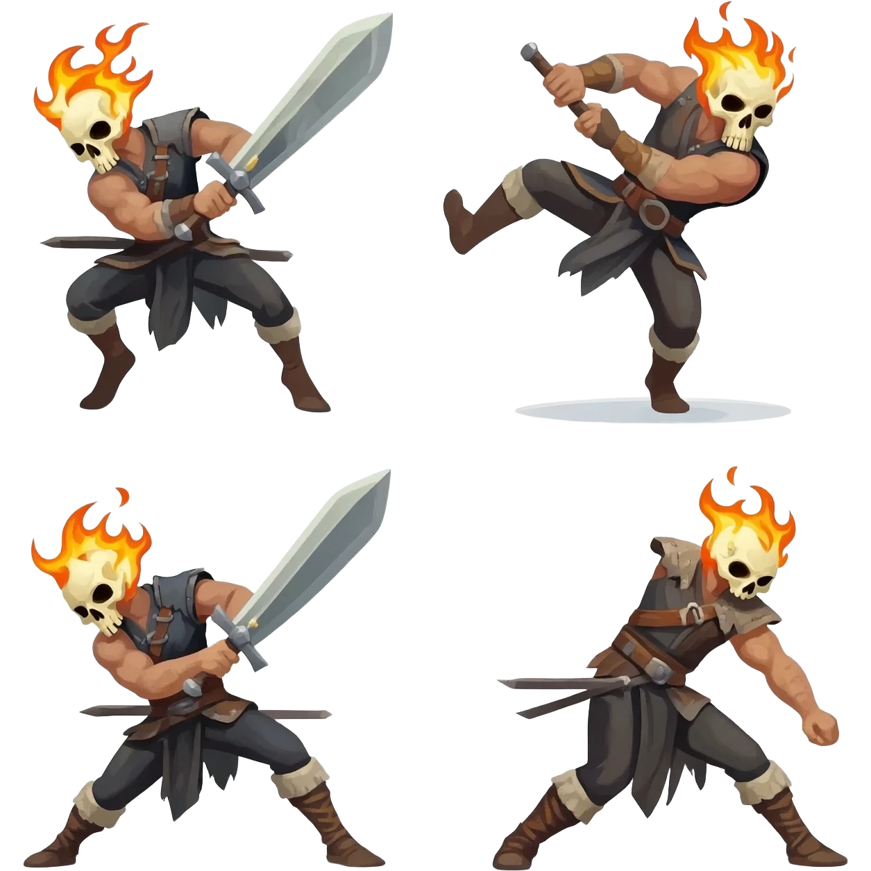 A 4 stage sprite sheet of a man with a burning skull head, show the 4 stages of him swinging his large sword emoji