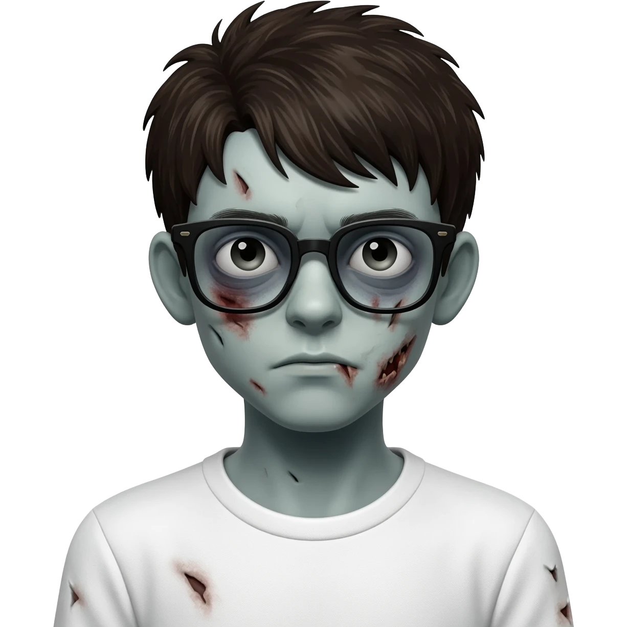 zombie boy with white tshirt and black brownish hair and with black glasses frames on hair is texturized emoji