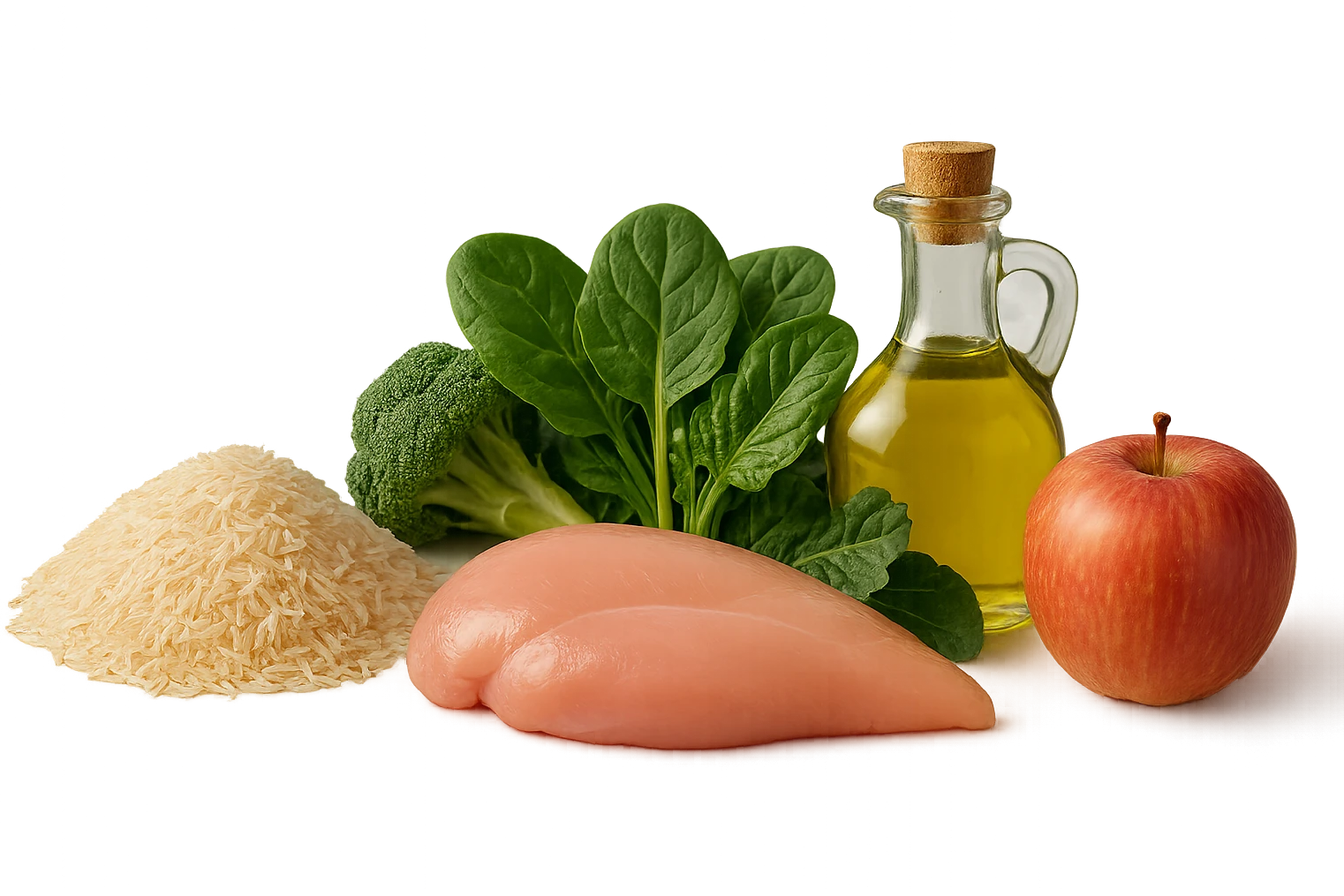 Riso basmati
Petto di pollo
Verdura fibrosa verde
Olio EVO
Mela
vista frontale, iperrealistico 4k emoji