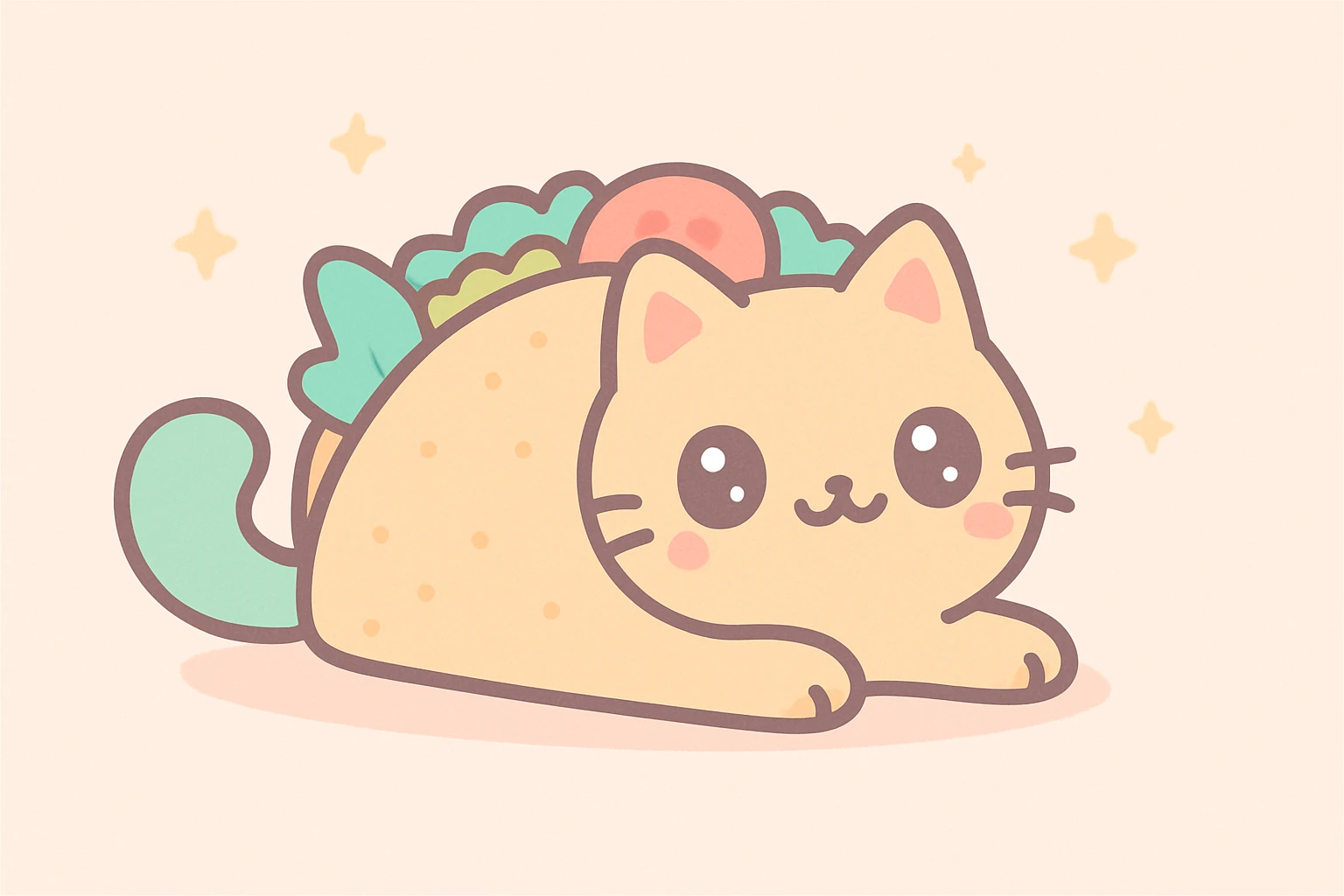 a taco cat lounging, taco shell as body, fluffy tail, pastel colors, kawaii style emoji