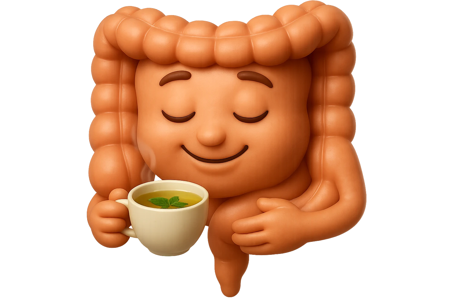 emoji stile iphone 3d di intestino umano sereno che si tocca la pancia mentre sorseggia un thè alle erbe, iperrealistico 4k emoji