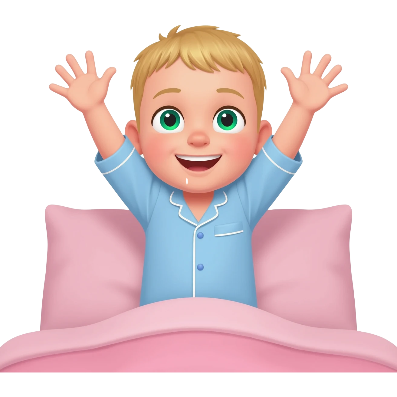 Use the same 3 year old blonde boy with green-blueish eyes, it should be the same boy as before  happy with plain blue pajamas raising both arms up, on the bed emoji