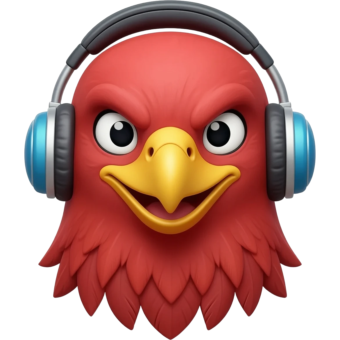 Cute 3D emoji of a red eagle head wearing a blue headset, smiling professionally, isolated on white background, cartoon render. emoji