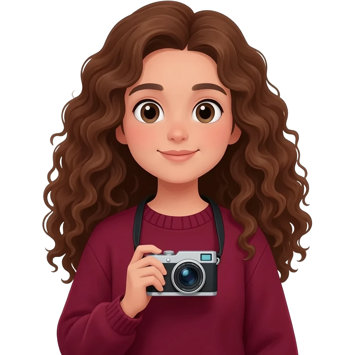 Girl brune bouclés long avec un pull rouge bordeaux avec un appareil photo en main emoji
