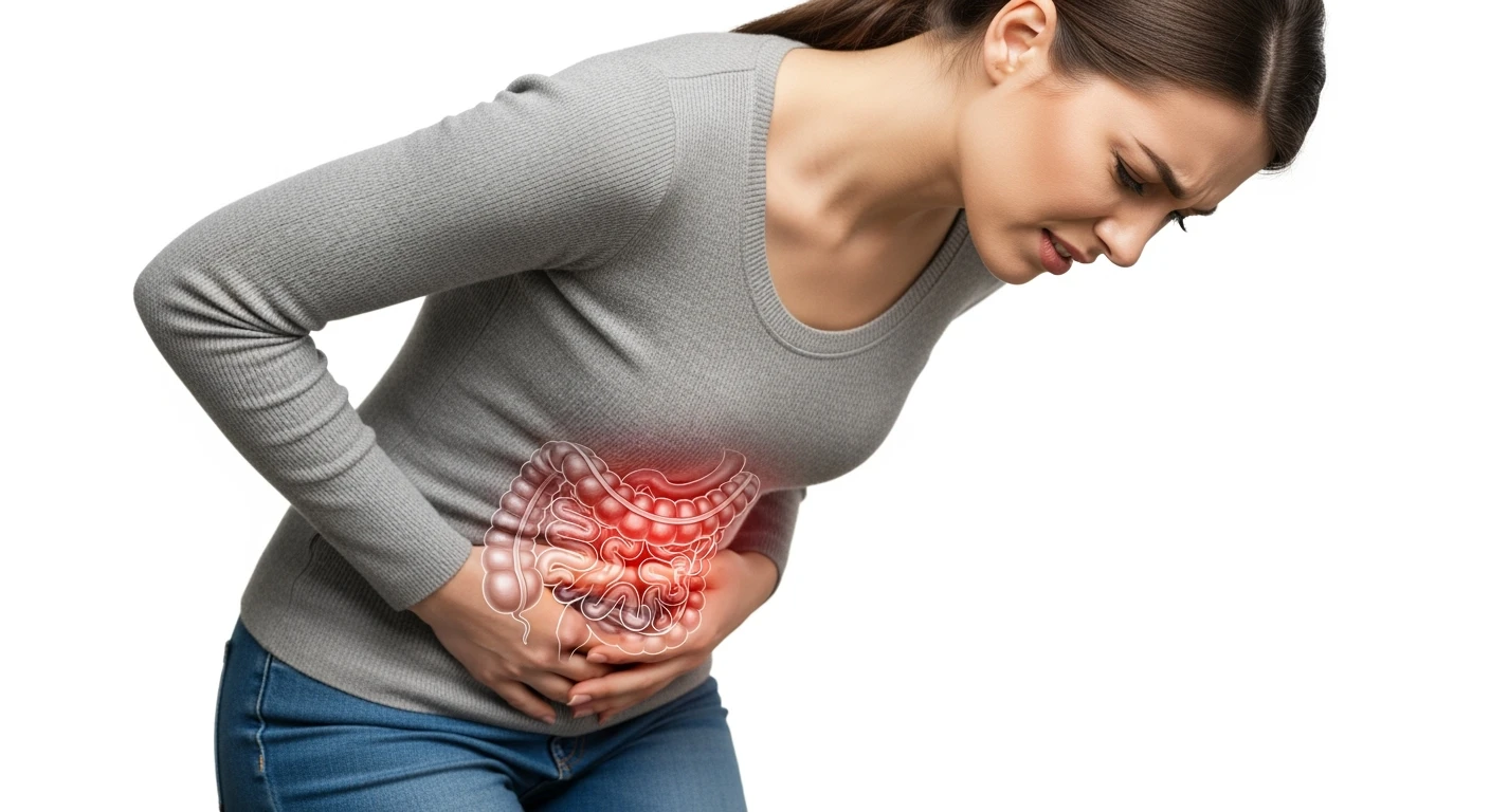 donna piegata in avanti frontalmente con mal di pancia, espressione di dolore in volto in primo piano e intestino anatomico in evidenza, iperrealistico 4k, sfondo bianco emoji