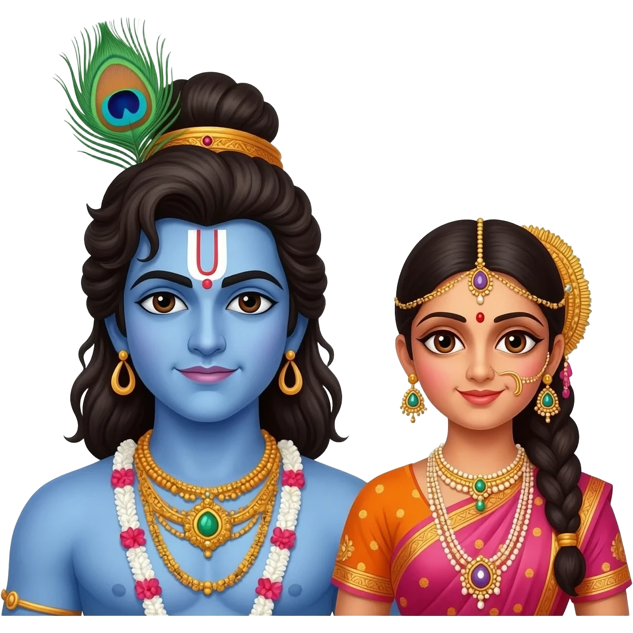 Krishna with sharp looks having peacock feather on his head and his is full with jewellery and radha emoji