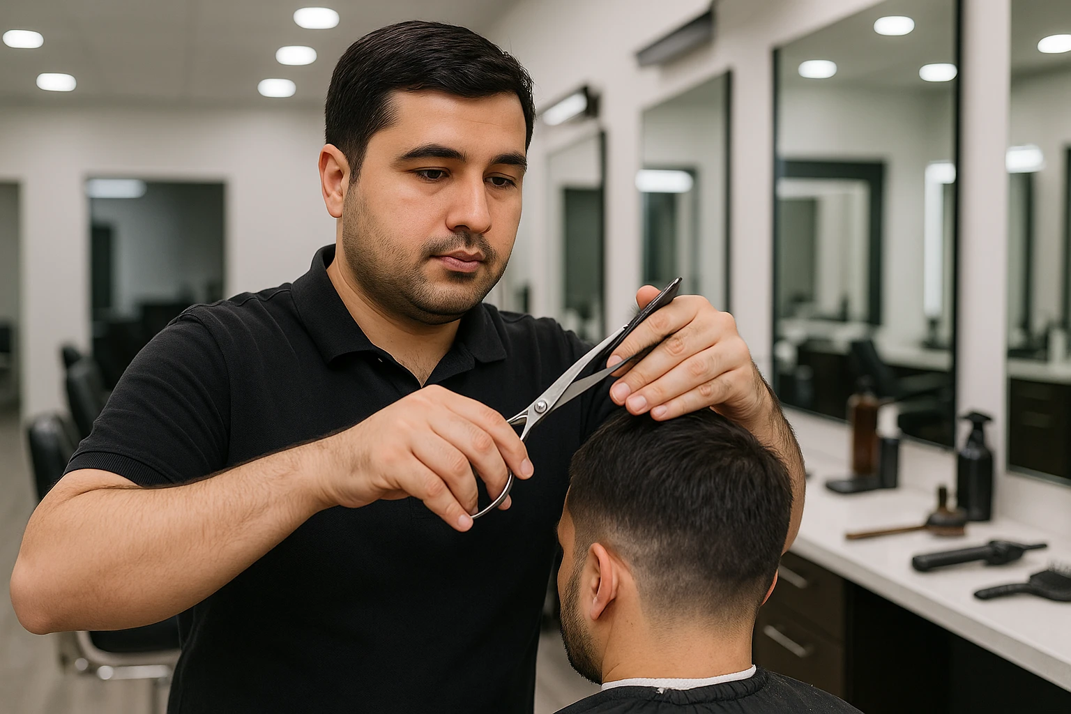 shu odamni sartaroshxonada mijozlarni sochini olayotganin  tasvirlab ber juda yosh ham katta ham bo'lmasin semiz ham bo'lib ketmasin o'smirin davrini yuzi ko'rinmasin emoji
