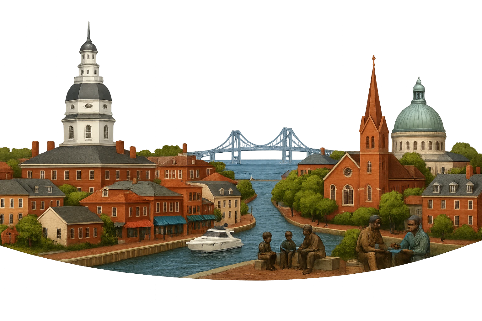 cinematic realistic emoji of Annapolis panoramic cityscape with Maryland State House, Naval Academy Chapel, Ego Alley, St. Anne's Church, Kunta Kinte-Alex Haley Memorial, Chesapeake Bay Bridge in the distance, lifelike detail, accurate colors, bright daylight, no sky, no clouds, transparent background emoji