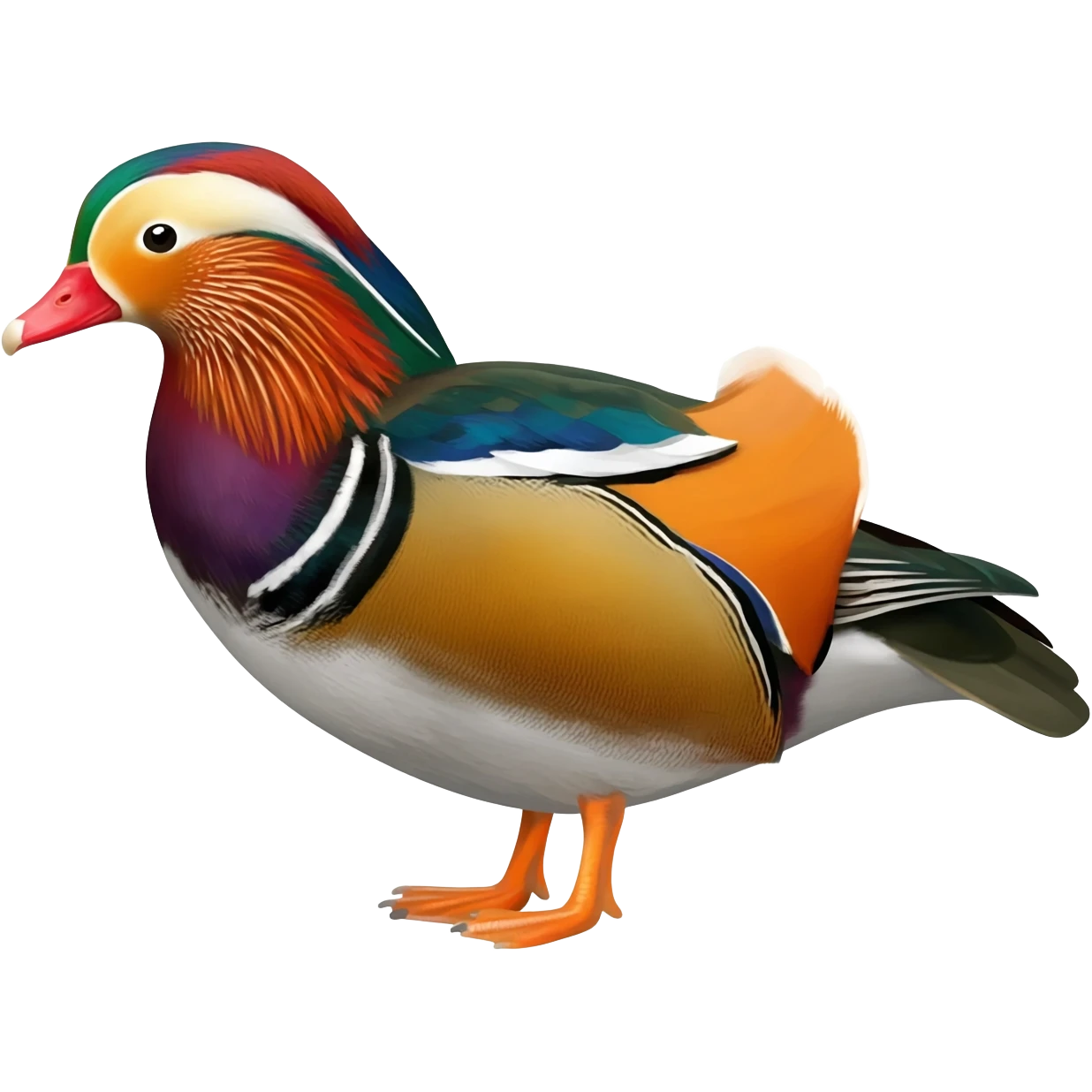 Hyperrealistic, mirco-detailed,  male Mandarin Duck, brightly colored plumage marked by bright orange, green, red, yellow, and bright purple, still life, 4k. No emoji icons, no emoji faces , 8k hd emoji
