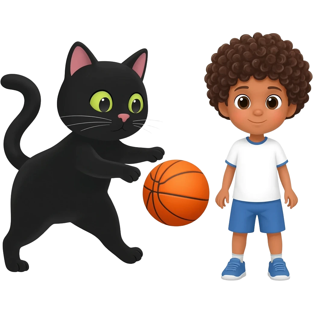 Black cat playing with orange basketball and a little white boy with curly hair emoji