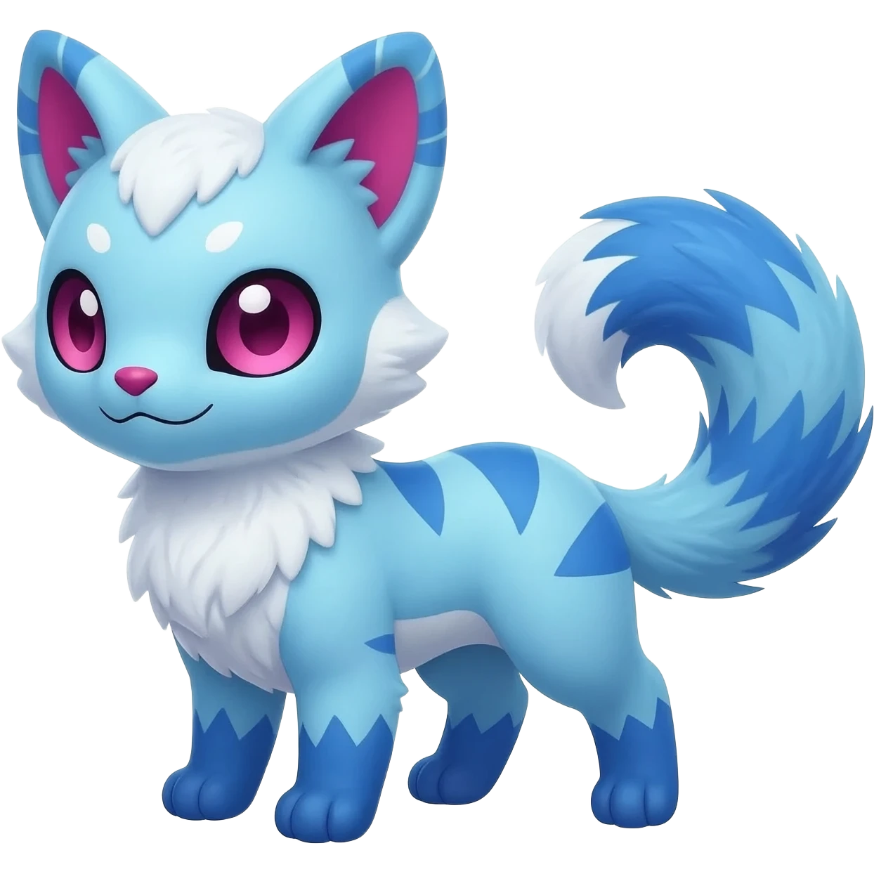 Rare hyper-realistic fuzzy furry exotic adorable cold ice blue Snow White dark pink cute epic pretty beautiful handsome gorgeous aesthetic colorful vibrant Vernid-Trico-species-Fakemon-creature by LiLaiRa, 4 legs, 1 tail, random markings, (full body) emoji