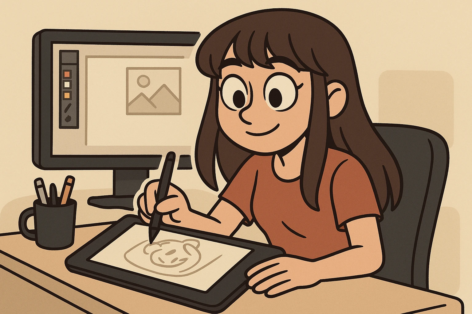 a girl graphic designer with long brown hair and bangs, brown eyes, sketching on a tablet, flat toon style emoji