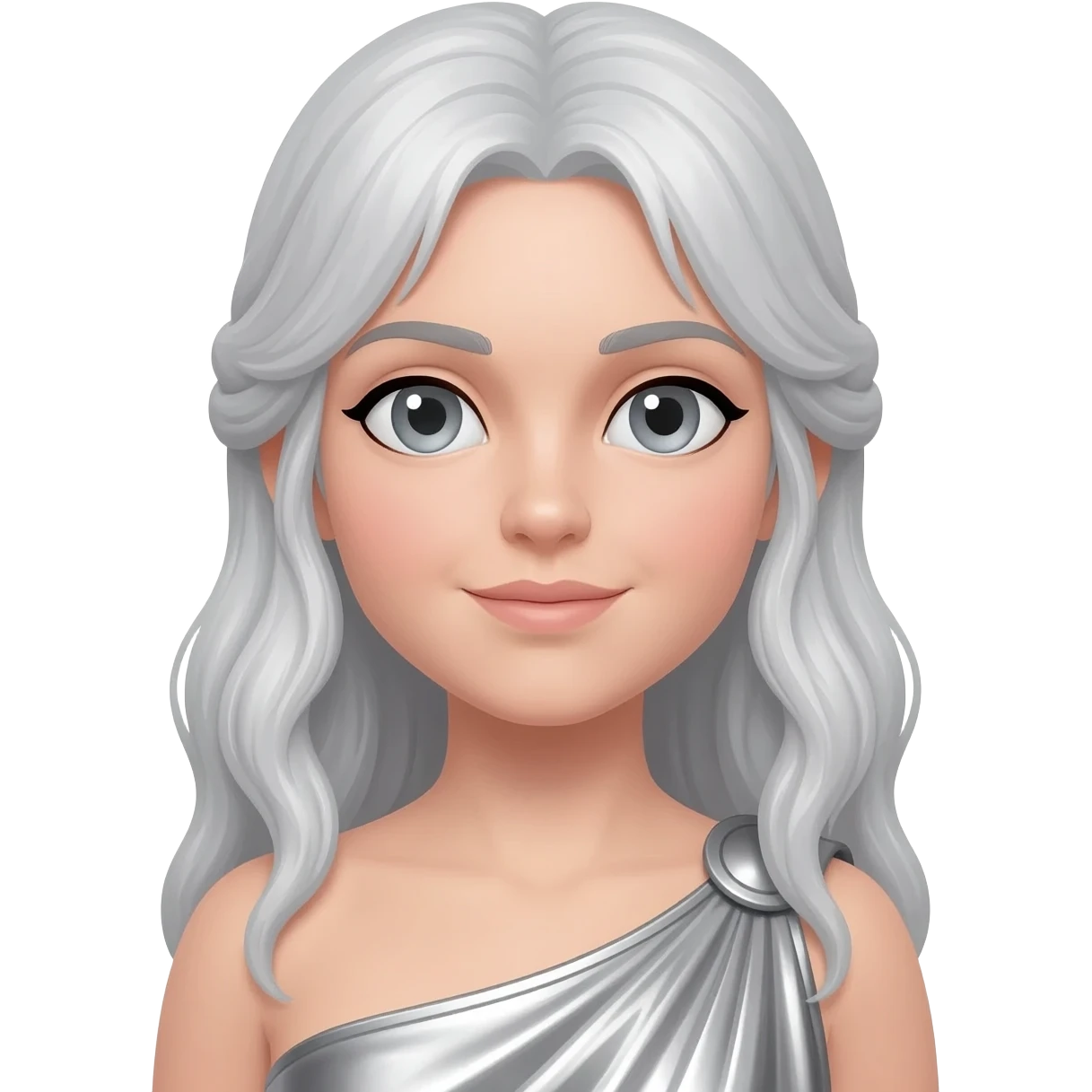 Artemis from Greek Mythology with grey eyes, long silver blonde hair, silver metallic peplos emoji