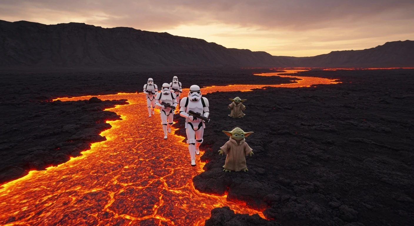 Shot on vlog camera, Starwars stormtroopers is walking on lava planet with yoda emoji