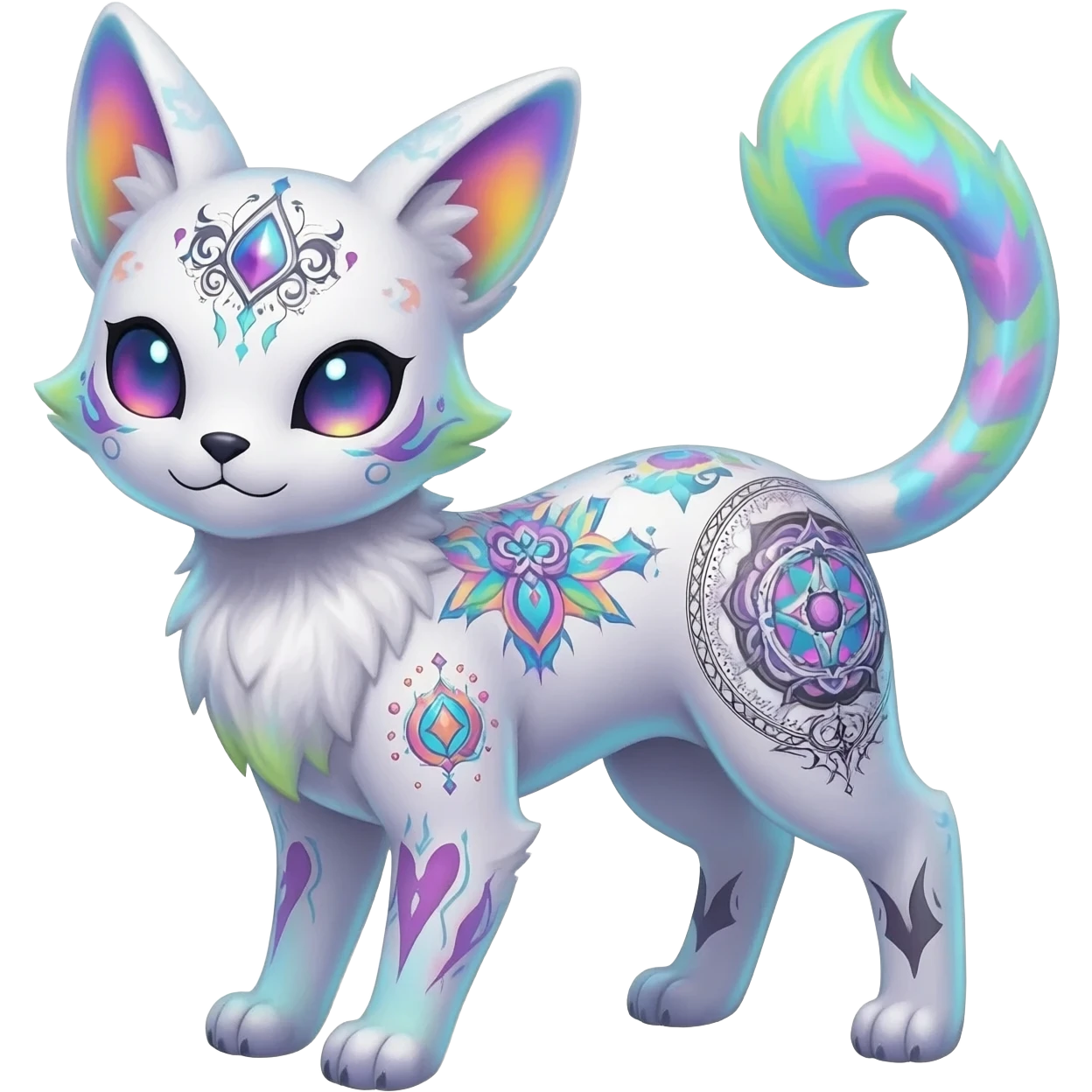 Rare neon iridescent white exotic cute epic aesthetic gothic colorful Salandit-Eevee-Civet-species-Fakemon-hybrid-creature, with intricate tattoo markings, full body emoji