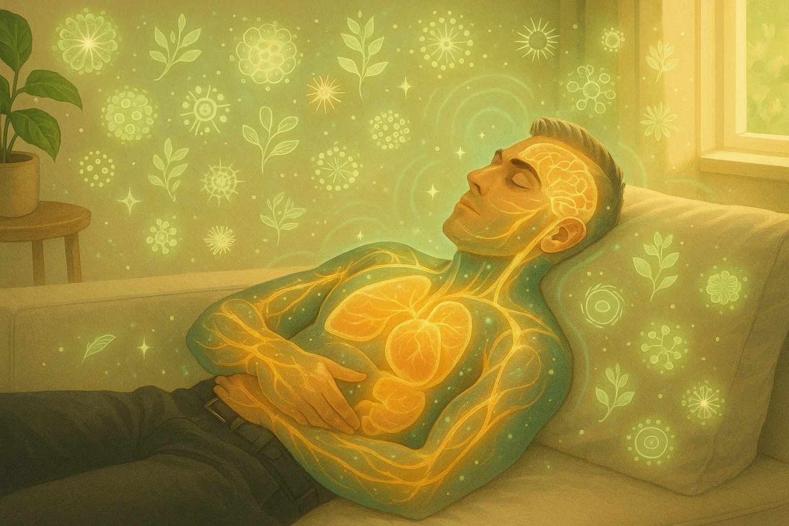 Uomo sdraiato su un divano nel primo pomeriggio, mentre fa un breve riposino. Il suo corpo appare parzialmente trasparente o stilizzato, con luce calda e flussi energetici dorati e verdi che scorrono attraverso muscoli, cervello, e organi. Intorno a lui si vedono piccoli simboli di rigenerazione: cellule che si rinnovano, tessuti che si illuminano, aura rilassata. L'ambiente è calmo e ordinato, luce naturale che entra da una finestra, atmosfera rigenerante, stile realistico con accenti metaforici. emoji