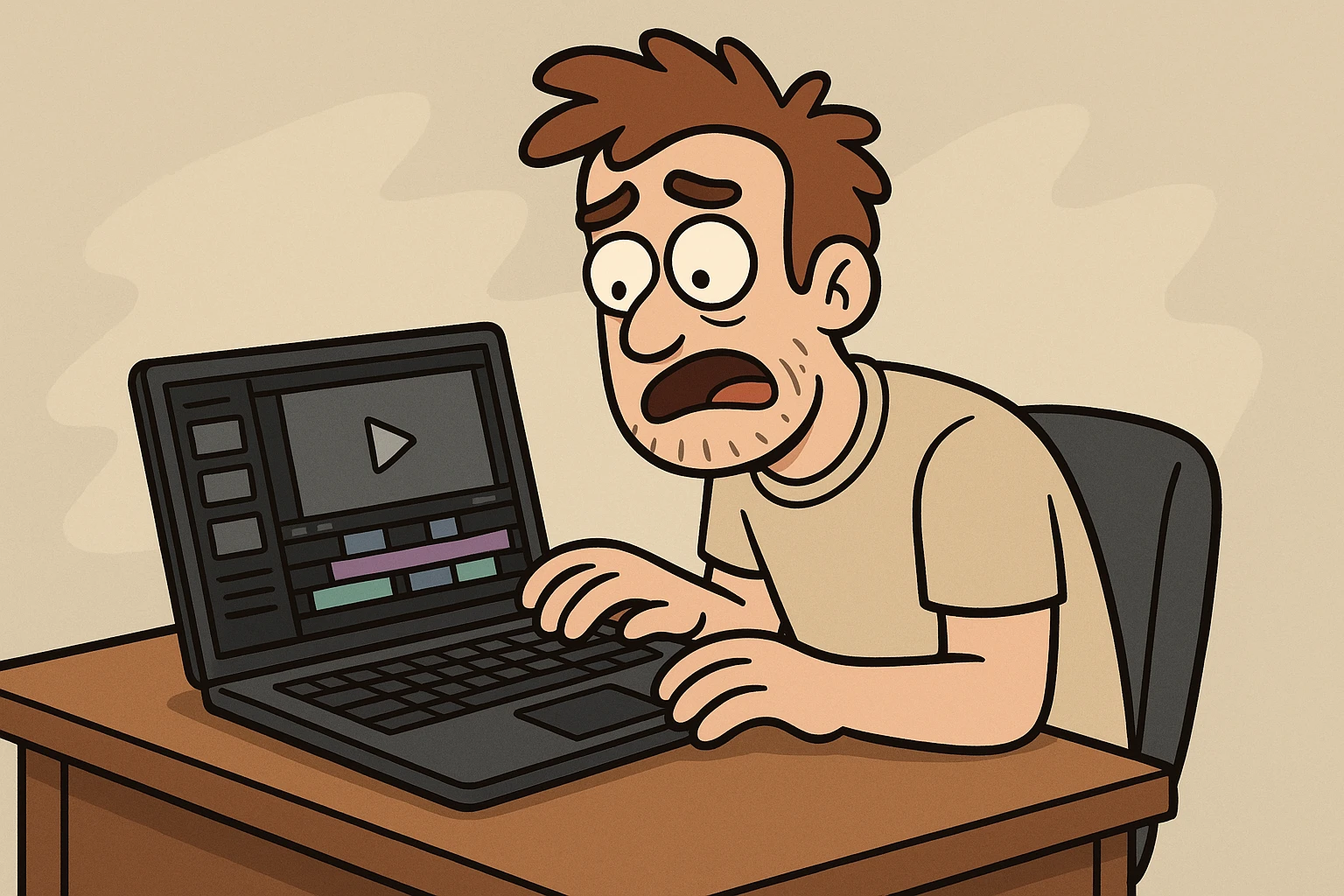 a man at a desk with a laptop, video editing software on screen, flat cartoon style emoji
