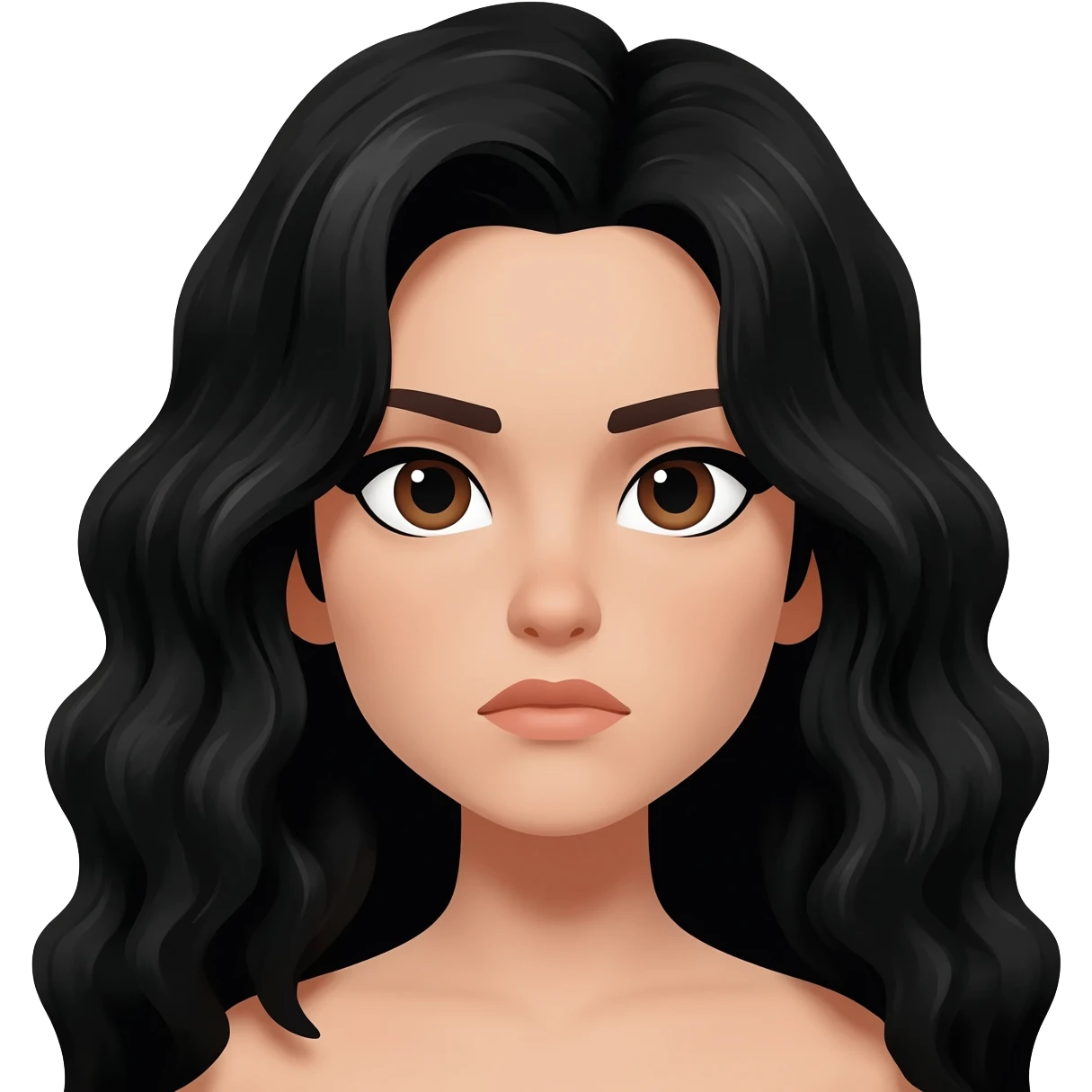 human, black wavy hair, with dark brown eyes, female, serious emoji