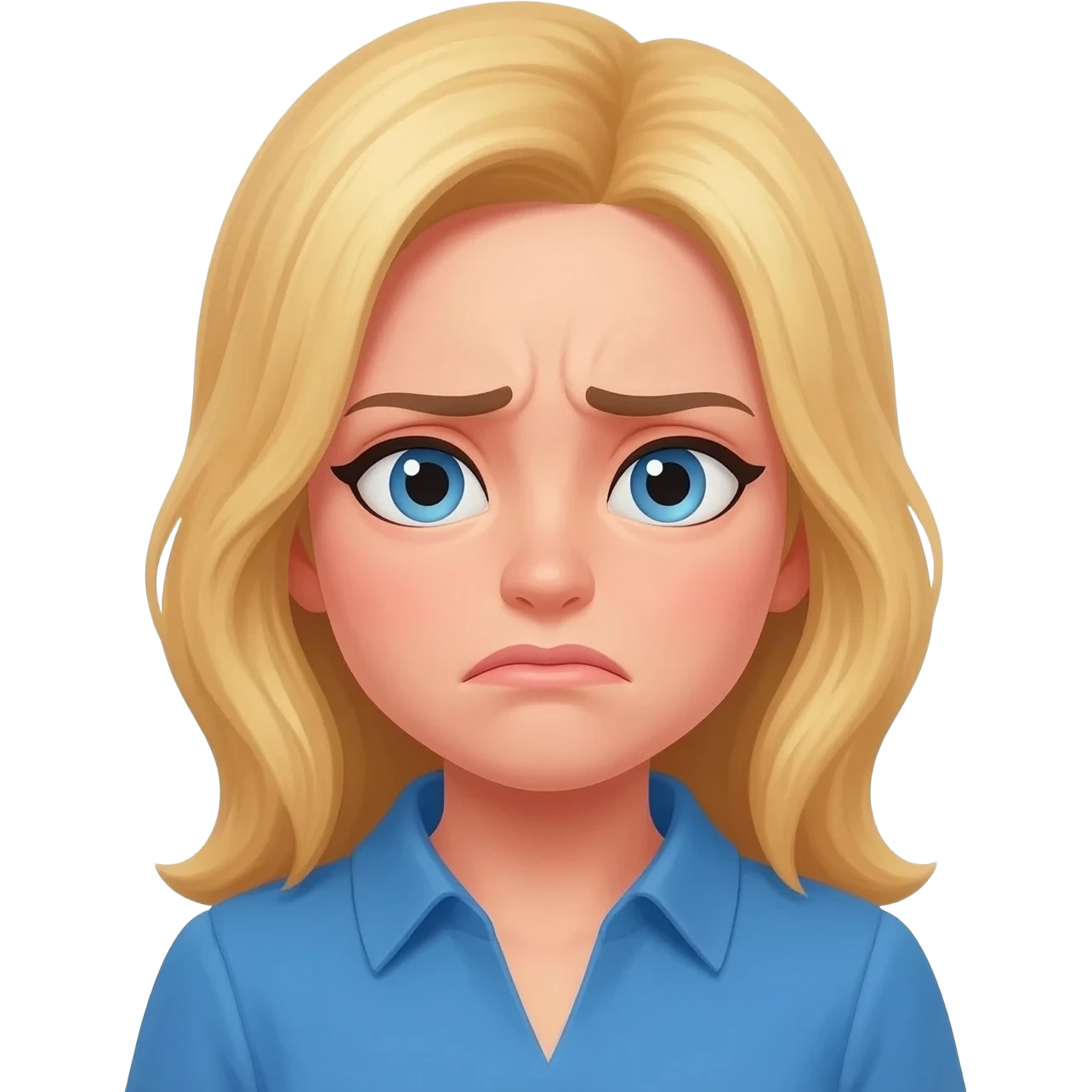 Blond hair woman blue eyed in a blue shirt  in disgust emoji