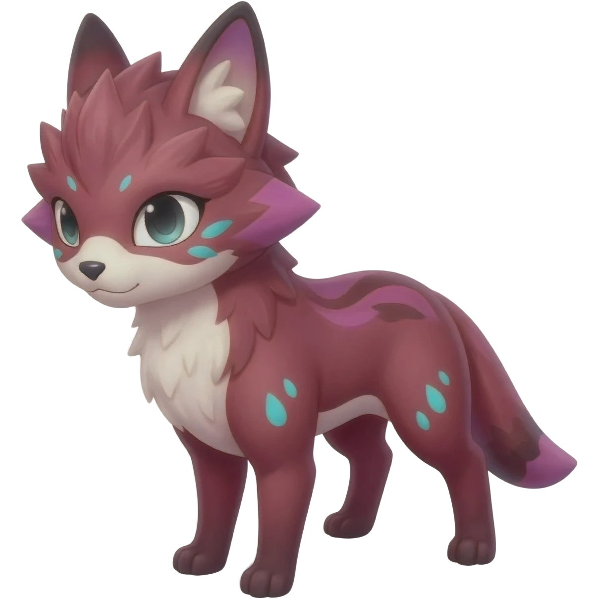 Epic complex detailed sanguine-red magenta pink white pastel realistic aesthetic-scenic-Fakémon-Trico-Sergal-Serval-Vernid-creature (full body) with cyan markings  emoji