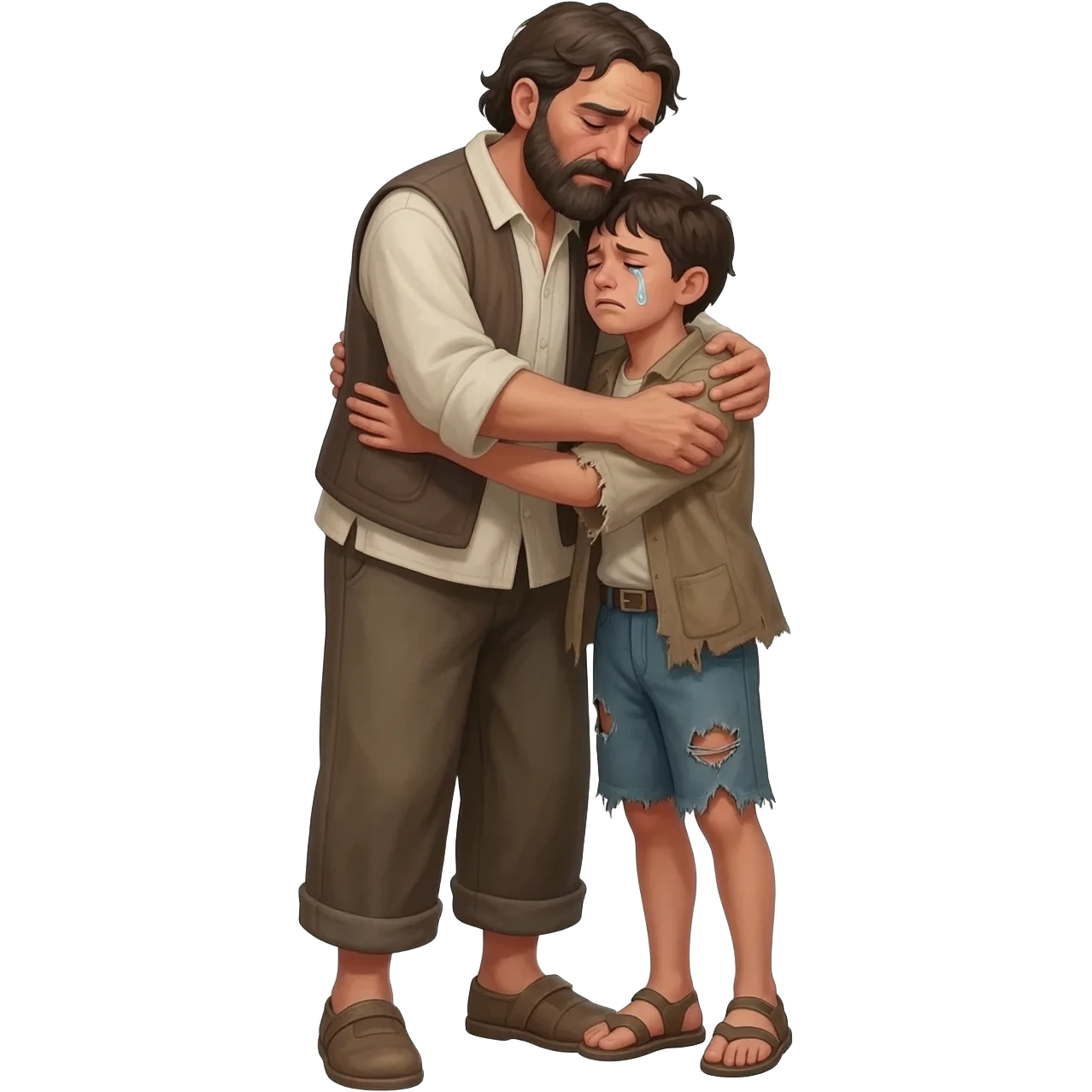 нарисуй как отец со слезами  обнимет с любовью и слезами  сына в рвной одежде  возростом 20-24  года во весь рост  ,  времена древнего иерусалима emoji