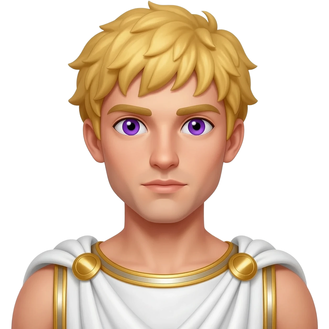 Adonis from Greek Mythology with purple eyes, golden blonde hair, white and gold metallic toga emoji