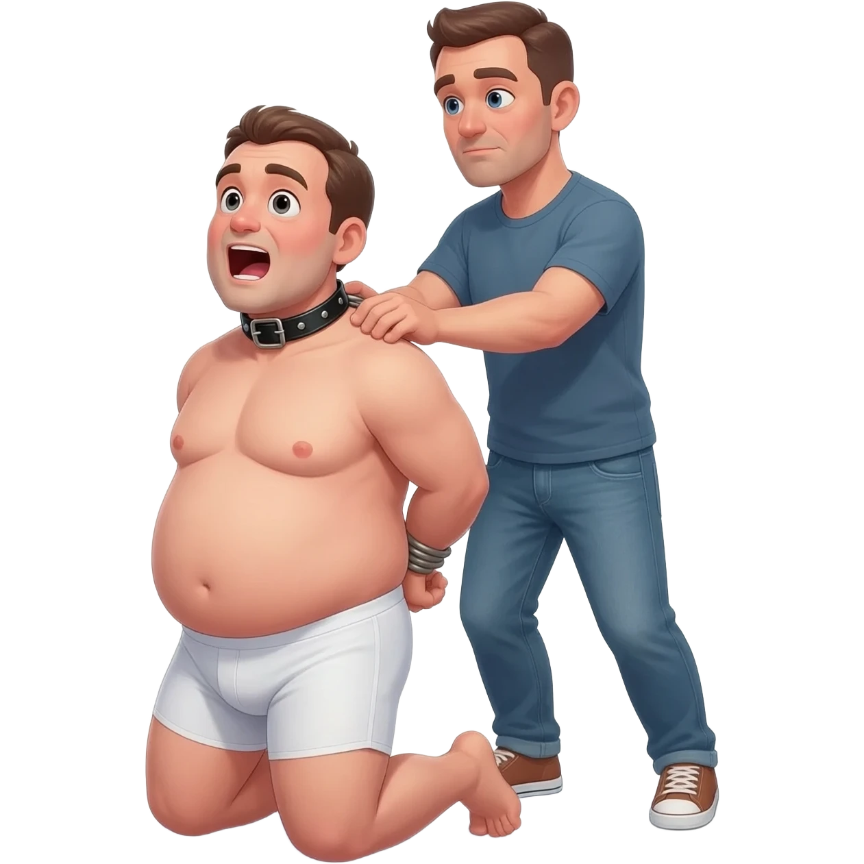 Fourty year old chubby guy in white briefs on his knees with mouth wide open and a black leather collar around his neck and hands tied behind his back. a man stands behind him holding the coolar with one hand emoji