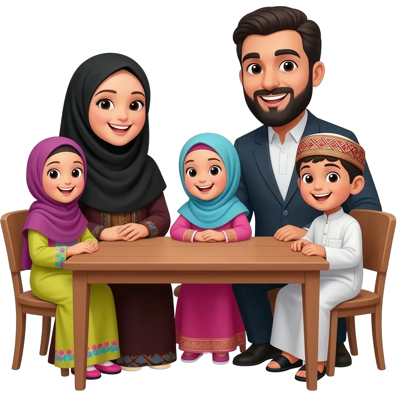 islamic family sitting on table; mother wearing hijab; father with beard; little girls no hijab and one little boy; kids wearing traditional clothes and talking happily to each other emoji