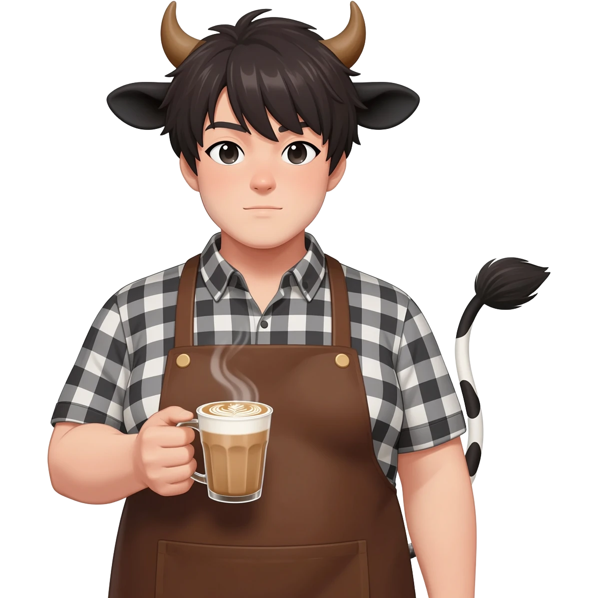 femboy in a checkered shirt with extra large fat tits with cow ears and cow tail dressed like barista in brown apron with latte in his hand emoji