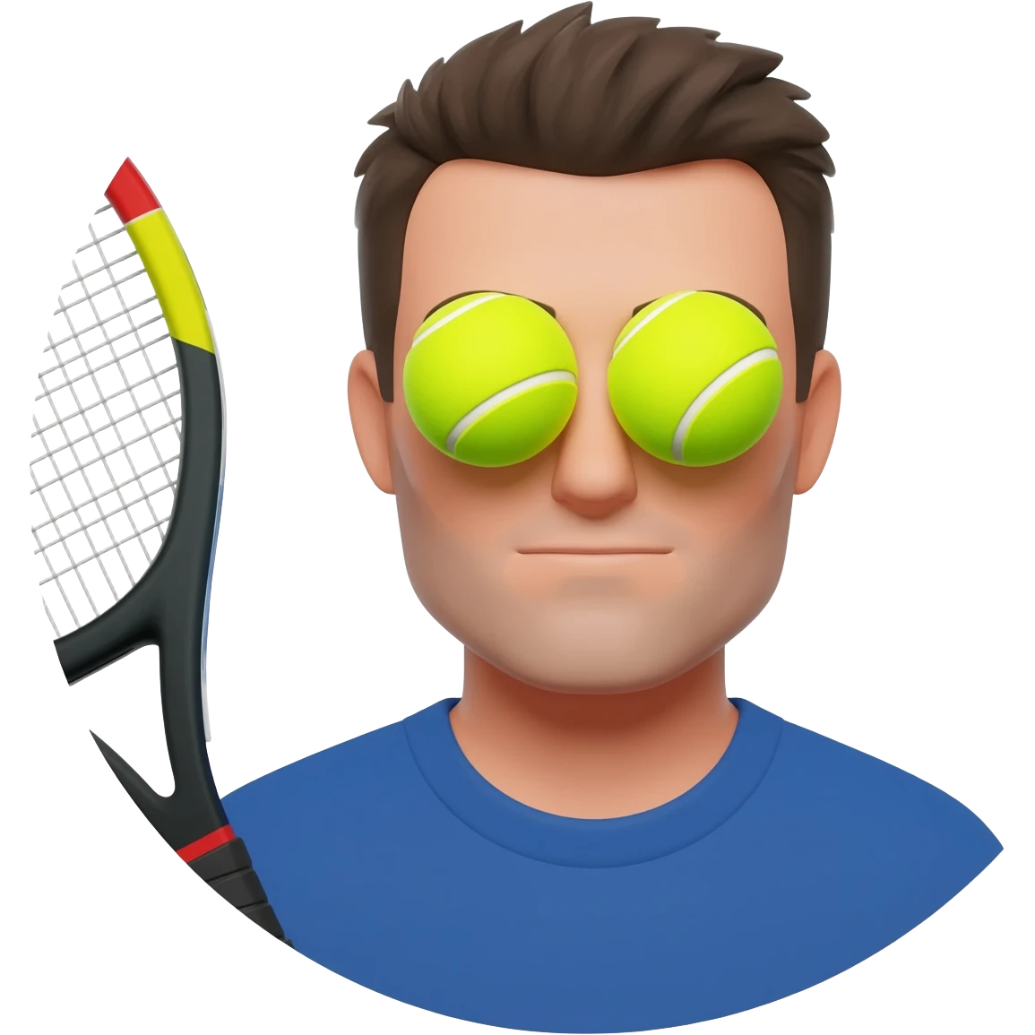 make a circular imogi of man with padel bat with balls as eyes emoji