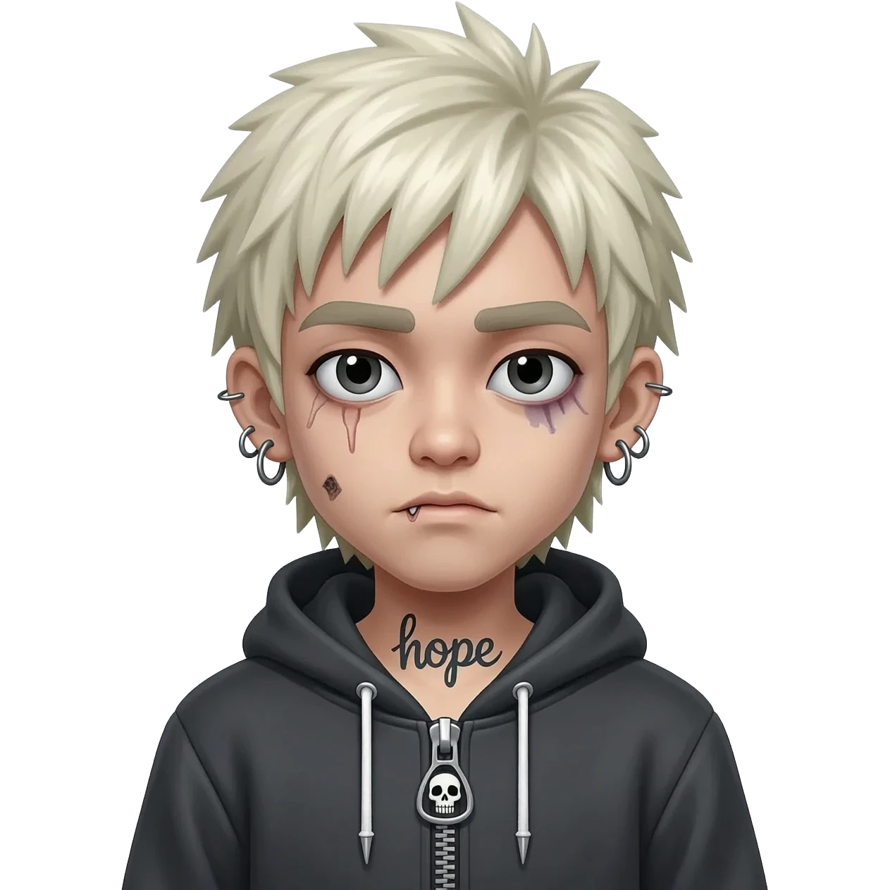 boy zombie asia spiky long platinum gold hair, hoodie zip is vignette skull wear piercings tatto "hope" emoji