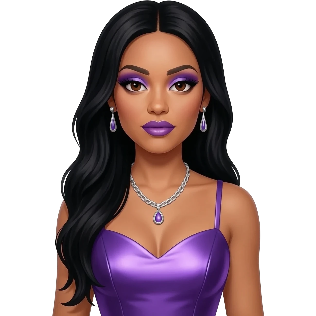 Lil Kim with dark brown eyes, long black hair, periwinkle eyeshadow and lipstick, periwinkle metallic sweetheart dress, silver necklace and earrings emoji