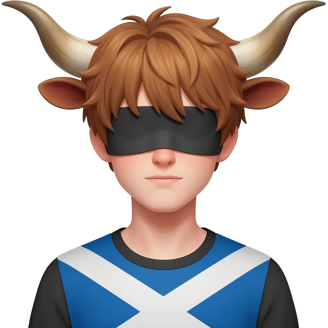 curly femboy with messy light brown bangs covering the eyes with bull horns and bull ears with scottish flag on his shoulders emoji